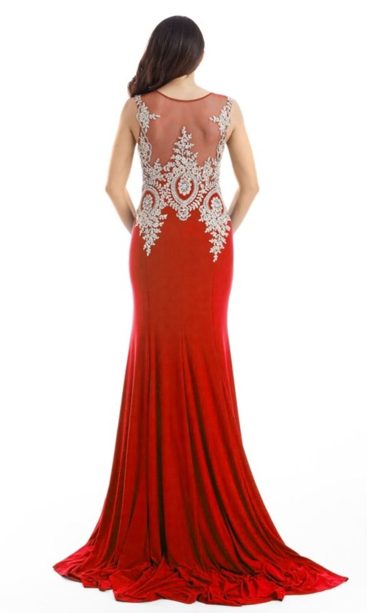 A woman stands against a white background in the Gold-Embroidered Long Prom Dress: Chicas C4233, a floor-length sleeveless formal gown featuring gold embroidery on the sheer back.